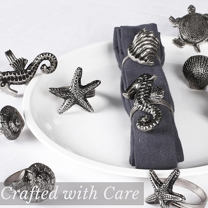 ALPHA Living HOME Napkin Rings Set of 12, Premium 100% Metal, Rust-Resistant Tabletop Décor - Antique Coastal Sea Shell Napkin Holdersfor Family Dinner, Wedding, Party, Decorations - Antique Silver
