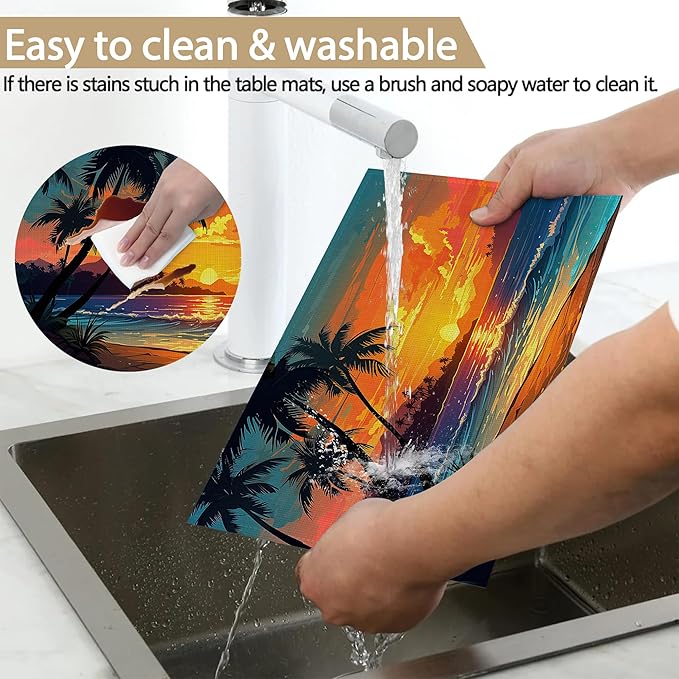 Sunset Trees Sea Beach Placemats, Tropical Palm Placemats 12x18 Inch Waterproof Non-Slip Washable Table Mats for Kitchen Dining Party Table Decor,Set of 6