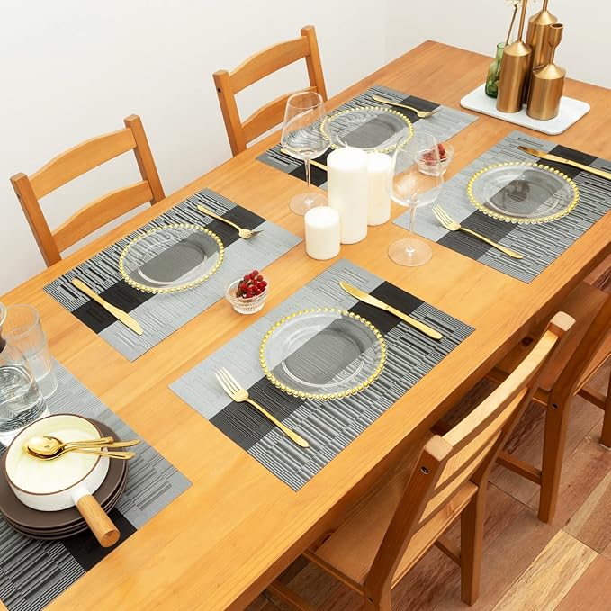 Winknowl Placemats Set of 6, Heat Resistant Non-Slip Vinyl Woven Table Mats for Dining Table, Washable Durable Elegant Place Mats for Kitchen Indoor/Outdoor Use (Black)