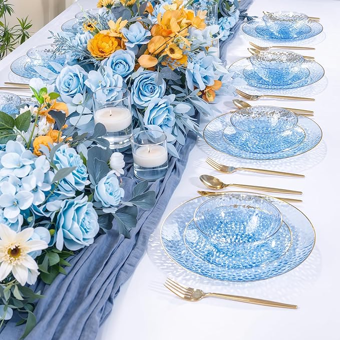 Rubtlamp 50 Pack Clear Blue Disposable Bowls, Clear Plastic Bowls with Gold Rim, 12-16oz Premium Heavy Duty Plastic Dinner Bowls for Party, Wedding and Holiday