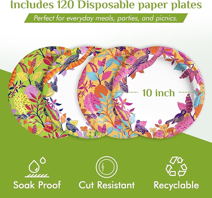MUCHII 10 Inch Paper Plates 120 Count, Floral Bird Design Disposable floral Plates for Thanksgiving Day, Wedding, Party, Dinner, Holiday - 4 Vintage Colors (30 Each)