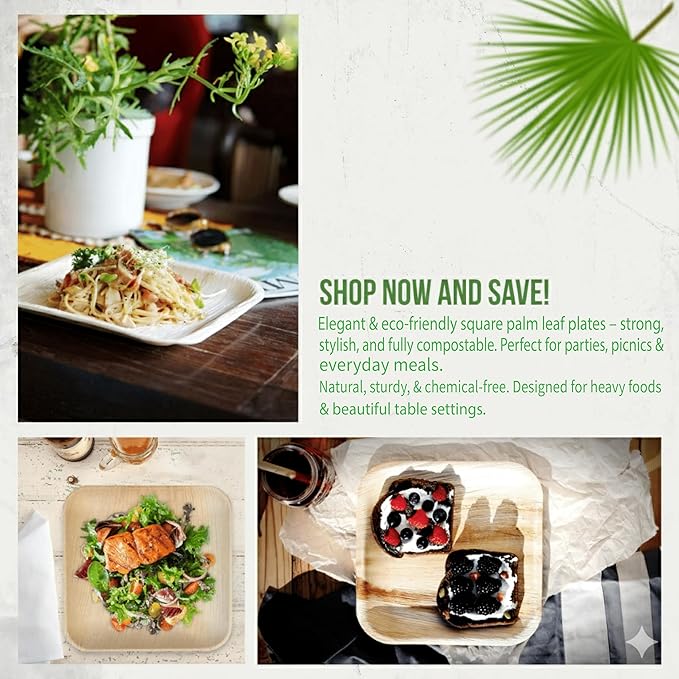 Palm Leaf Plates 6 Inch (100 Pack), Square Bamboo Plates Disposable, Eco-Friendly, Biodegradable & Compostable Bamboo Appetizer Plates, Perfect Dinnerware for Desserts, Snacks, Parties & Events