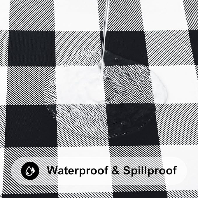 Smiry Rectangle Picnic Table Cloth, Elastic Waterproof Fitted Vinyl Tablecloths, Flannel Backed Buffalo Plaid Table Covers for Dining, Camping, Outdoor (Black and White, 30" x 48")