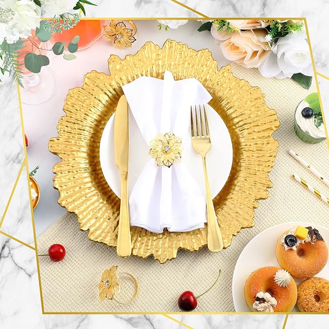 Dandat 48 Pcs Charger Plate Bulk 13'' Floral Reef Plates with Napkin Ring Plastic Dinner Charger Hollow Out Flower Napkin Holder Plastic Plate for Table Setting Wedding Party (Gold)