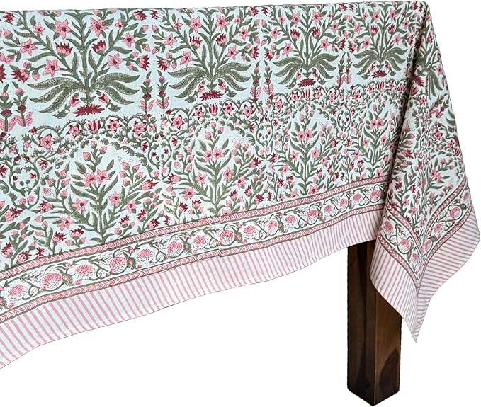 ATOSII Nargis Pink 100% Cotton Rectangle Boho Spring Summer Tablecloth, Handblock Floral Table Cloth Linen for Kitchen Dining I Parties Wedding Outdoors Easter I 72 X 120 Inches I 10 Seater