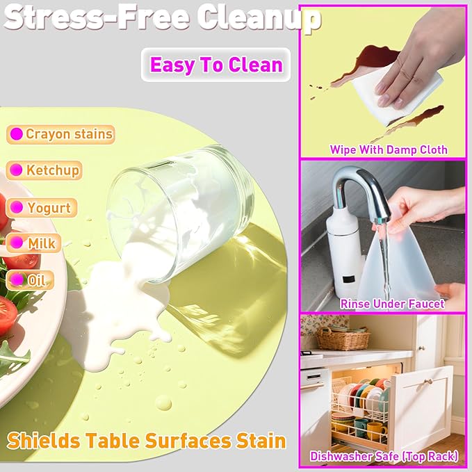 Oval Silicone Placemat Set of 4,Heat Resistant Placemats, Silicone Table Mats,Non-Slip Dining Mat for Home,Waterproof Easy Clean Kids Placemats,17"x12" Ultra-Thin Translucent (4Pcs, Yellow)