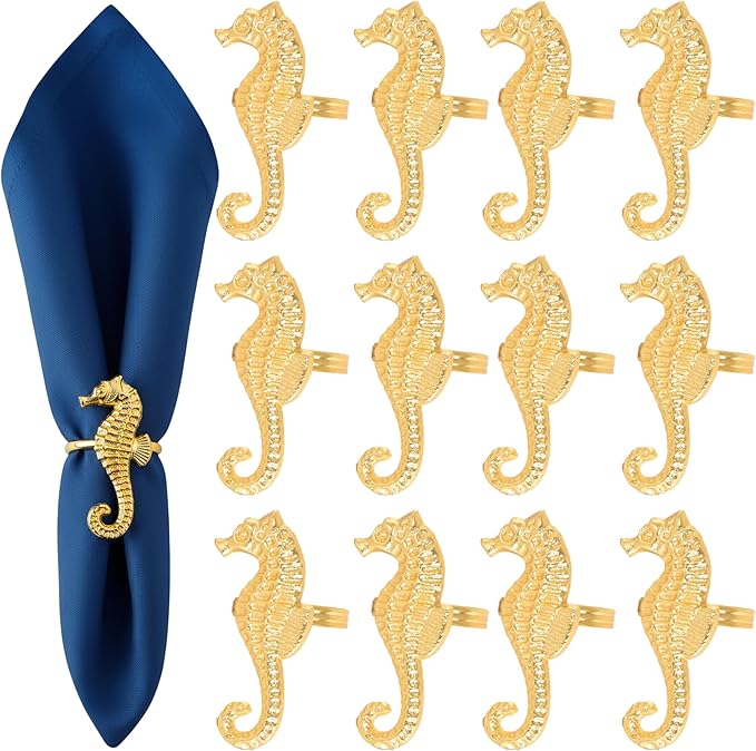 Seahorse Napkin Rings Set of 12, Metal Napkin Holders, Serviette Rings for Coastal, Nautical, Beach, Ocean Theme Table Decor, Wedding Decorations, Summer Party (Gold) - ALPHA Living HOME