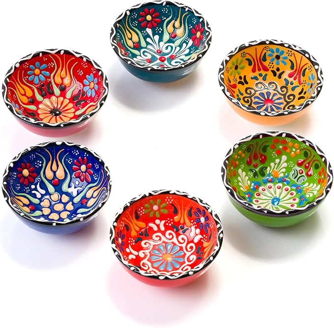BCS Ceramic Pinch Bowls Set of 6, Small Bowls for Dipping - Cooking Prep & Charcuterie Board, Soy Sauce Dish, Multicolor Handmade Decorative Serving Dishes (3.2'' - 3 oz)