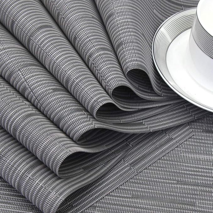 Wedge Placemats for Round Dining Table Woven Vinyl Easy Wipe Plastic Non Slip Table Mats Set of 6（Grey）