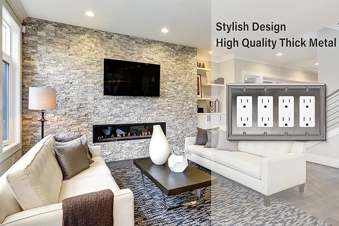 Henne Bery Sunken Pearls Heavy Duty Decorative Wall Plate Switch Plate Outlet Cover (Quad Decorator, Heirloom Silver)