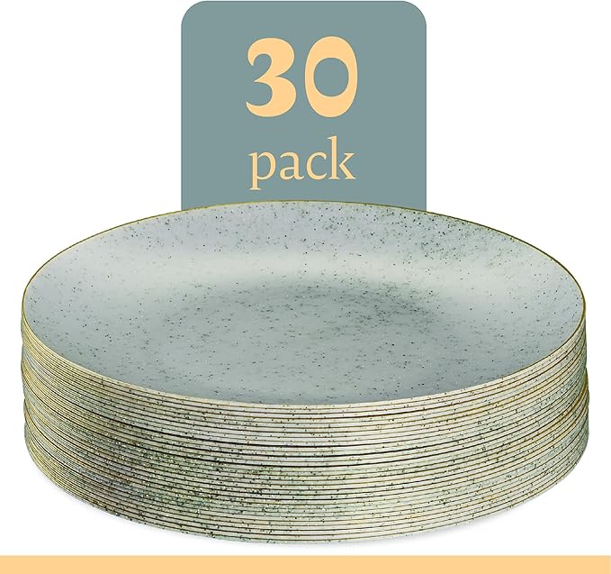 PLASTICPRO 30 Pack Disposable Plastic Plates Heavyweight Granite Look Elegant 10 inch Dinner Plates Green with Gold Rim
