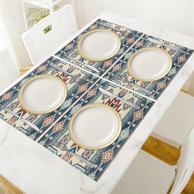 Ethnic Aztec Placemat Set, Vintage Bohemian Rustic Farmhouse Blue Red Mystic Native Tribal Geometric Totem Pattern Home Decor Linen Table Mats for Dining Room Kitchen Party (17x12in) x6P