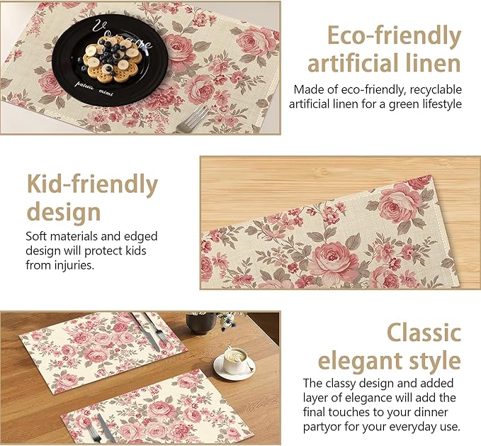 Colorful Floral Spring Plastic 12x18 Inch Placemats Set of 6 - Waterproof, Non-Slip & Washable Watercolor Flowers Table Mats for Kitchen & Dining Table Placemats