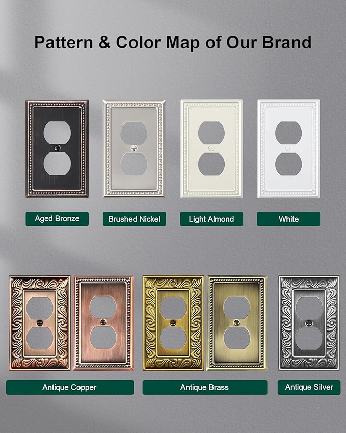 4-Pack Duplex Outlet Cover Plate, Antique Copper Metal Wall Plates for Electrical Outlets, 1 Gang Receptacle Cover, Pearls Decorative Switch Plates and Outlet Covers