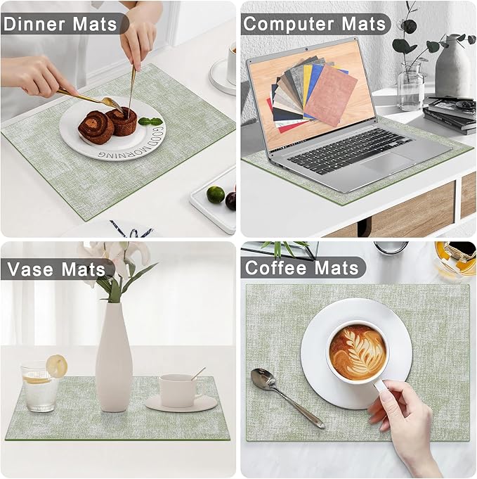 Homaxy Faux Leather Heat Resistant Placemats for Dining Table Set of 12, Waterproof Wipeable Washable PU Table Mats, Easy to Clean Anti-Slip Place Mats, 11.8" x 17", Grass Green