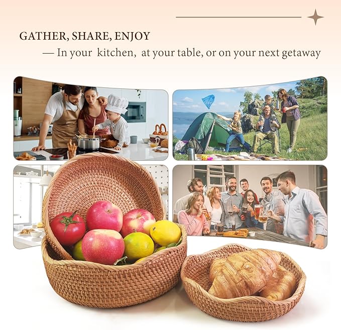 11.2" Large Wave Rattan Bread Basket for Fruit, Natural Wicker Fruit Basket for Kitchen Counter, Hand Woven Food Baskets, Bread Baskets for Serving, Fruit, Vegetable, Candy, Nuts, Keys, Wallets, Etc.