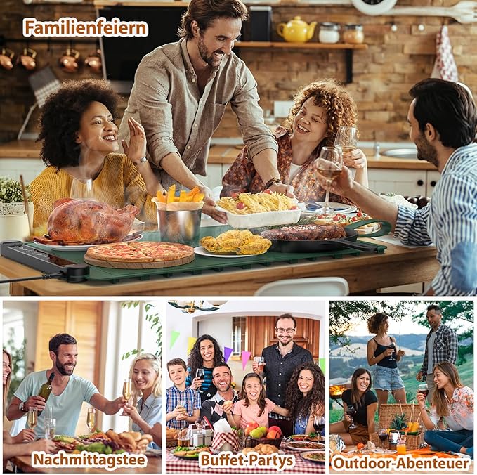 Food Warming Mat Electric Tray: Adjustable Silicone Heating Pad with 3 Temperature Settings 4 Timer Function Portable Roll Up Hot Plate for Buffets Party Gatherings Kitchen Warmer Countertop Green