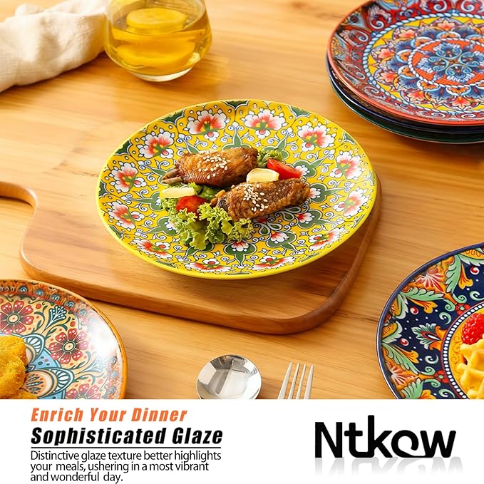 6piece Bohemian ceramic plates 8inch pasta plates spacious, suitable for microwave oven and dishwasher perfect for holiday parties and family gatherings