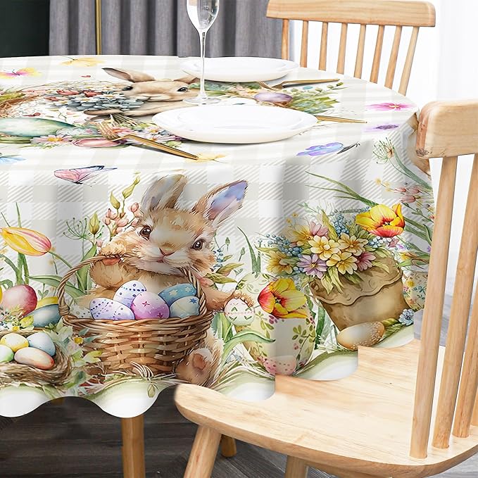 Easter Tablecloth Round 70 Inch, Easter Bunny Table Cloth Buffalo Check Plaid Kitchen Table Cover for Dining Room Spring Round Tablecloth Indoor Decor