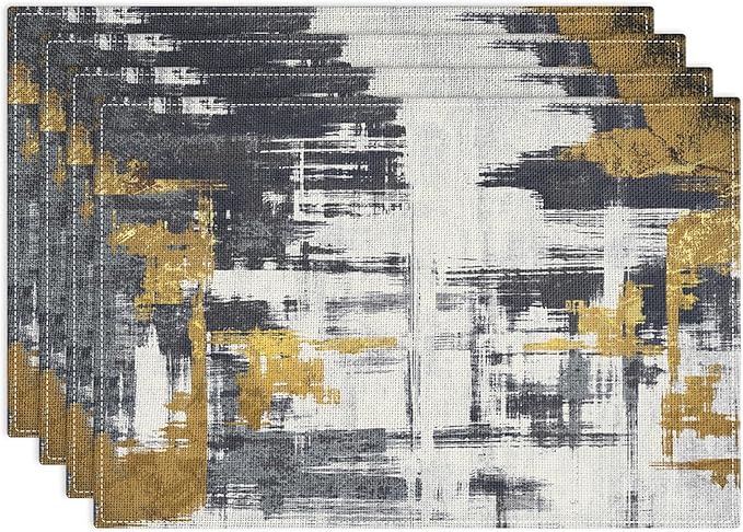 Emvency Farmhouse Placemats Set of 4, Abstract White Black Gold Vintage Art Painting 12x18 Inch Table Mats for Outdoor Home Party Kitchen Dining Decoration
