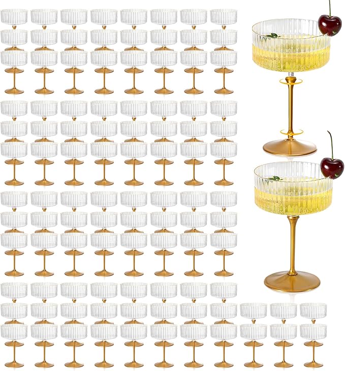 XUWAIDSGN 100 Pcs Champagne Martini Glasses 9 Oz with Gilded Removable Gold Rim Coupe Glasses Pink Martini Glasses Plastic Mimosa Vintage Coupe Glasses Set For Wedding Anniversary (100, Ribbed Gold)