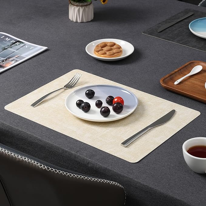 Myir JUN Dual Sided Placemats, Faux Leather Set of 4 for Dining Table Indoor Outdoor, Square Non-Slip Washable Table Mats (Gray Cream-White)