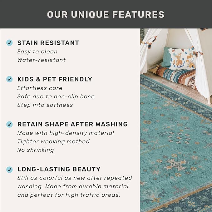 Boho 2x6 Non Slip Kitchen Rug Runner - Teal Washable Rug for Bathroom, Laundry Room, Hallway, Non Slip with Rubber Backing, Floral Aqua Blue Unique Runner Décor