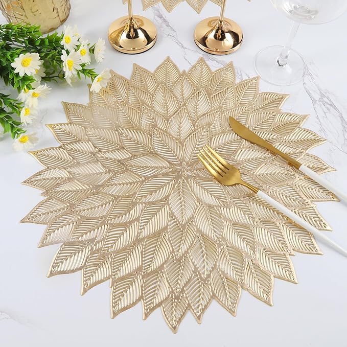Placemats Set of 4, Round Hollow Out Flowers Place Mats for Dining Table Pressed Vinyl Blooming Leaf Table Mats for Holiday Party Wedding Accent Centerpiece Dinner Table Decoration (Gold)