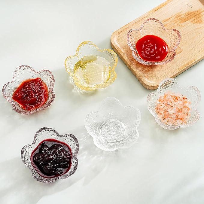 kanpura Mini Glass Bowls, Flower Shaped Prep Bowl, Dishwasher Safe, Pinch Bowls for Dipping Spices Sauce, Stackable, 1.5 oz, Set of 6, (Clear)