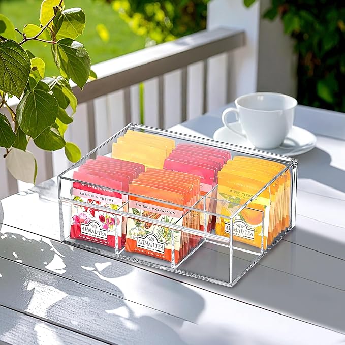Amazing Abby - Tea-Rrific - Acrylic 6-Compartment Tea Bag Organizer, Clear Plastic Tea Box, 6-Slot Tea Chest, Perfect Tea Storage Solution for Kitchen Cabinet, Countertop, Pantry, and More