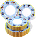 Morejoy 60Pcs Plastic Disposable Plates Set - Blue Plastic Plates Featuring Blue & Orange Floral Design With Gradient Gold Rim. Includes 30 Dinner Plates & 30 Dessert Plates, Perfect for Wedding,Party