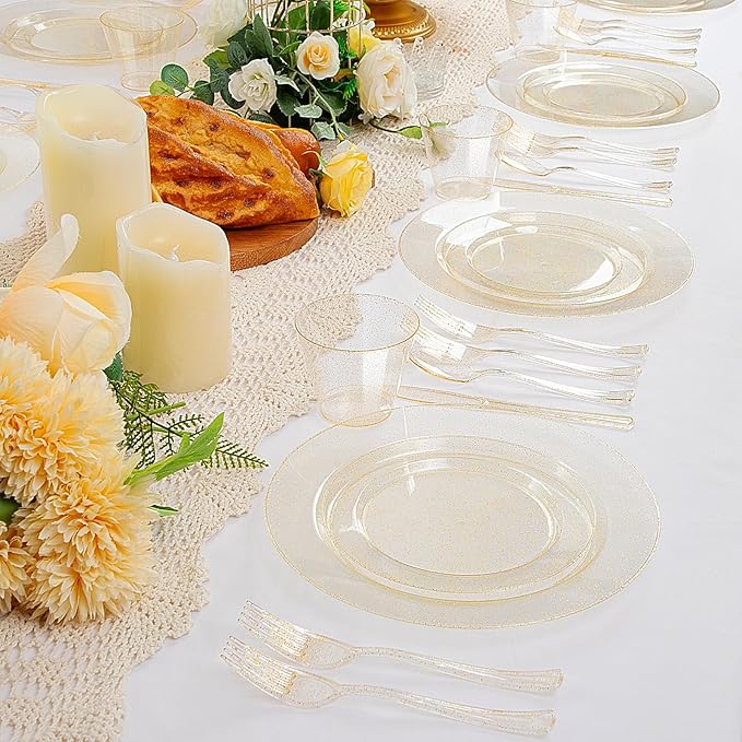 WELLIFE 450 PCS Gold Glitter Disposable Dinnerware Set for 75 Guests, Plastic Plates for Party, Including 75 Dinner & Salad Plates, Cups, Forks Knives Spoons for Wedding and Party Supplies