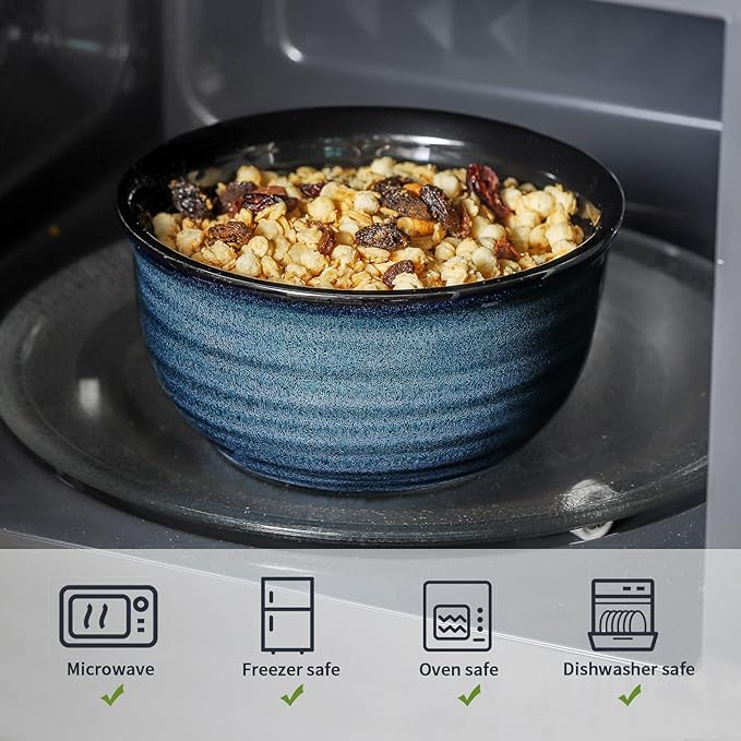 JINGUS Soup Bowl, 20 OZ Porcelain Cereal Bowls Set of 6 Perfect for Pasta, Snack, Oatmeal, Rice, Salad,and Ice Cream, Stackable & Durable Bowls for Kitchen, Microwave & Dishwasher Safe, Blue