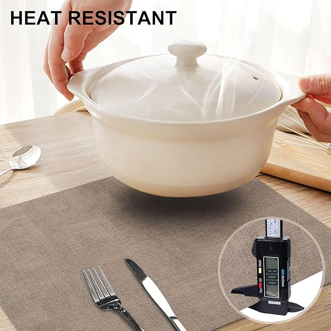 homing Faux Leather Heat Resistant Placemats 8 Packs, Waterproof Wipeable Dining PU Place Mats for Indoor & Outdoor, Easy to Clean, Camel