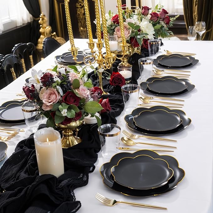 EI 180pcs Black Plastic Plates with Gold Plastic Silverware,Black and Gold Plates Disposable,Heavy Duty Plate for Party,Wedding,Anniversary,Spring Afternoon Tea Business Event