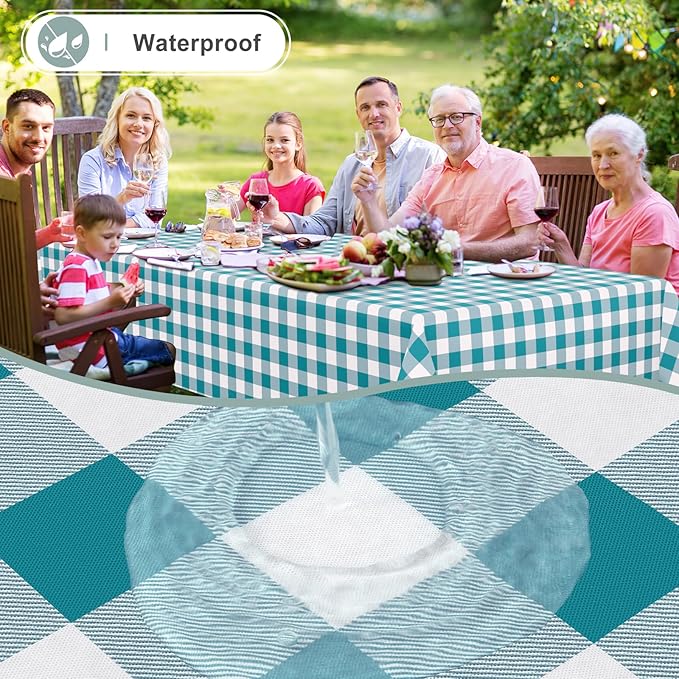 misaya Rectangle Waterproof Vinyl Table Cloth, Buffalo Flannel Backed Tablecloth, Wipeable Plastic Table Cover for Dinner, Kitchen, Outdoor (52" x 70", Turquoise and White)
