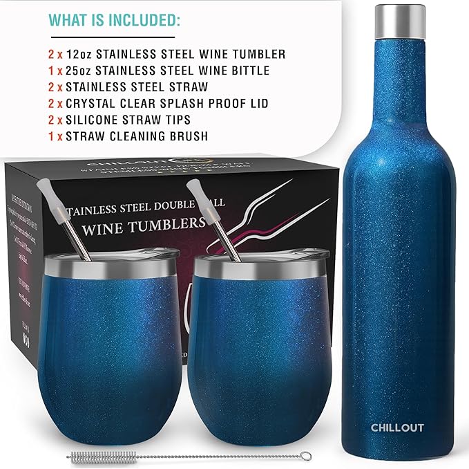 CHILLOUT LIFE 12 oz Stainless Steel Wine Tumblers 2 Pack & 1 Insulated Wine Bottle - Double Wall Vacuum Insulated Wine Glasses Cups with Lids and Straws Set Keeping Cold & Hot Gift Set