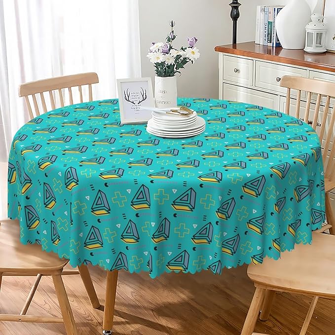 Laeacco 54 Inch Geometric Round Tablecloth Turquoise Triangle Pattern Modern Abstract Art Print Table Cloth Washable Waterproof Wrinkle Free Table Cover for Kitchen Dining Picnic Party Decoration