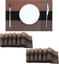 Leetaltree Brown with Black Striped Placemats Set of 12 - Heat Resistant Non-Slip Place mats for Dining Table, Washable Durable PVC Vinyl Woven Table Mats（Brown Stripe, 12）