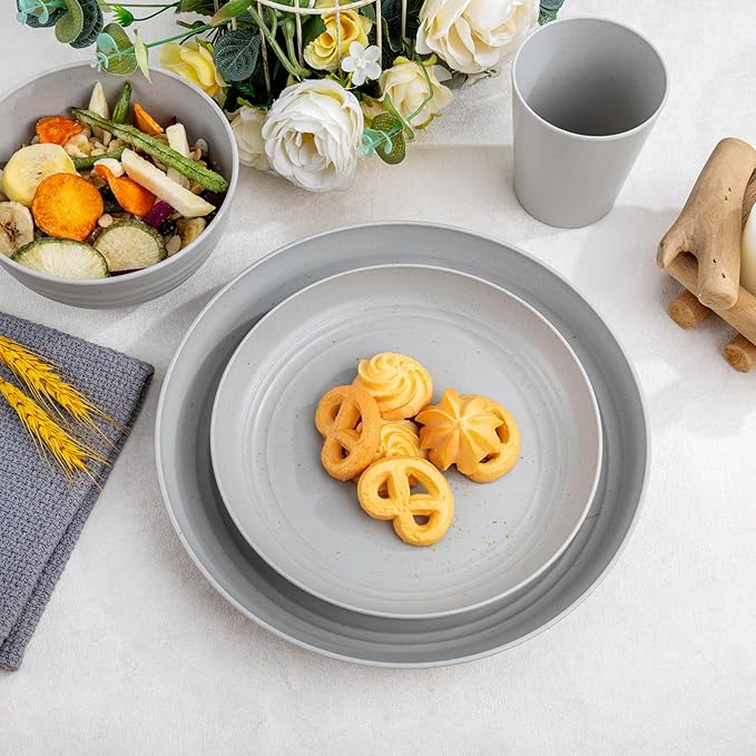 LIYH 16 Pcs Wheat Straw Dinnerware Sets Plastic Dinnerware Sets for 4 Plates and Bowls Set Reusable Tableware Grey Dish Set 8 Plates 4 Bowls 4 Cups Microwave Dishwasher