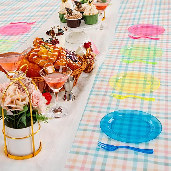 supernal 200pcs Appetizers Plates includ 100pcs Plastic Forks 100pcs Neon Party Plates Colorful Rainbow Disposable Party Plate and Dispsoable Forks Set for Party Catering Birthday