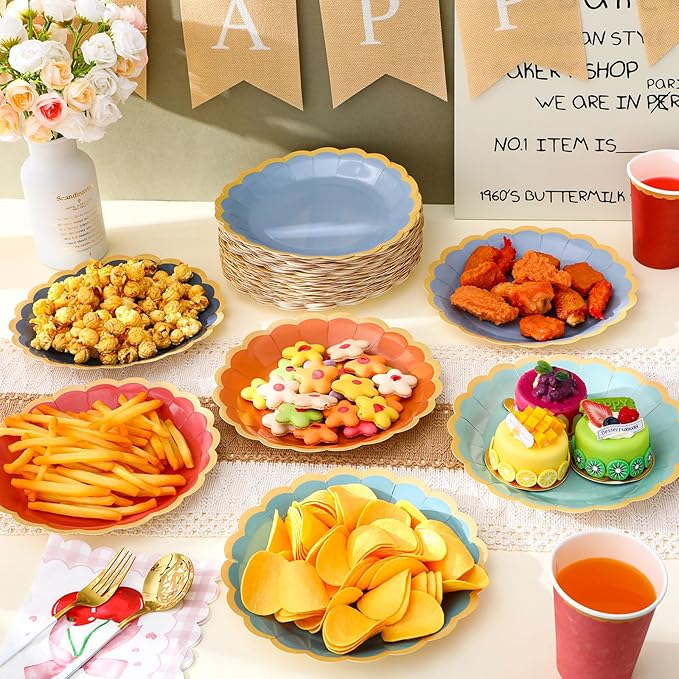 96 Pcs Blue and Orange Fall Paper Plates 9 Inch Gradient Scalloped Paper Plates Disposable Dinner Dessert for Birthday Wedding Bridal Party Supplies, 6 Colors