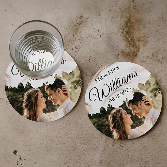 100 Pack Personalized Wedding Coasters, Custom Cardboard Coasters for Drinks with Photo Print and Text, Keepsake Wedding Favors and Gifts for Couples, 3.95" Round (Design 9)