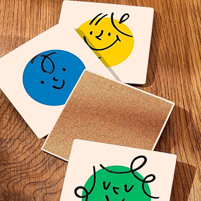 MAYCARI Cartoon Colorful Face Coasters Set of 6 Cork Backed Cute Coasters with Metal Holder Original Ceramic Surface Drink Cup Mats for Tabletop Protection Modern Desk Decoration Birthday Gifts