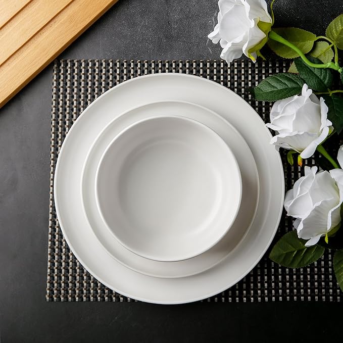AmorArc Ceramic Dinnerware Sets, Wavy Rim Stoneware Plates and Bowls Sets,Dishwasher & Microwave & Oven Safe Dishes set, Service for 4 (12pc)-Matte White