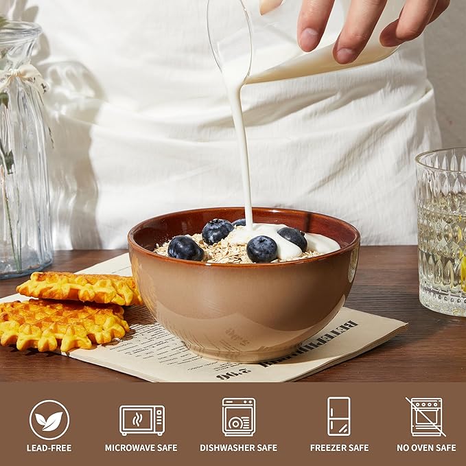 5.5" Cereal Bowls & Dessert Bowls Set of 6-22 Oz Small Bowls for Kitchen-Ceramic Bowl for Cereal, Soup, Oatmeal, Salad, Ramen, Noodle, Rice, Yogurt-Dishwasher & Microwave Safe, Brown Yellow