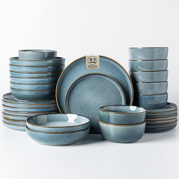 GBHOME 32 Pieces Double Bowls Ceramic Dinnerware Sets for 8, Stoneware Plates and Bowls Set with Reactive Glaze, Scratch Resistant Stoneware Dishes Set, Dishwasher & Microwave Safe