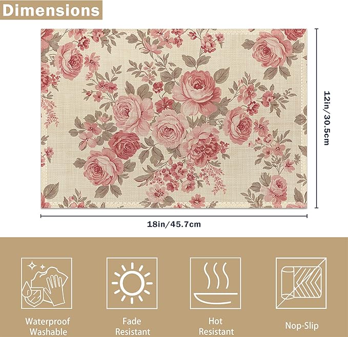 Colorful Floral Spring Plastic 12x18 Inch Placemats Set of 6 - Waterproof, Non-Slip & Washable Watercolor Flowers Table Mats for Kitchen & Dining Table Placemats