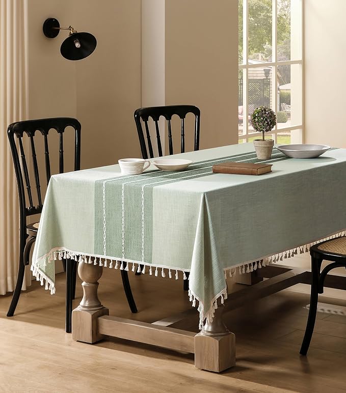ZeeMart Contrast Linen Table Cloth Rectangle Table Cloths 60x84 Inch Green, Farmhouse Style Heavy Weight Sage Green Tablecloth, Water Resistant Burlap Tablecloths
