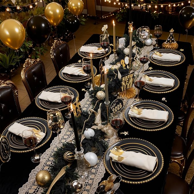 175PCS Black and Gold Plates - Black Disposable Plates for Party - 25Guests Disposable Dinnerware Set for New Year/Wedding